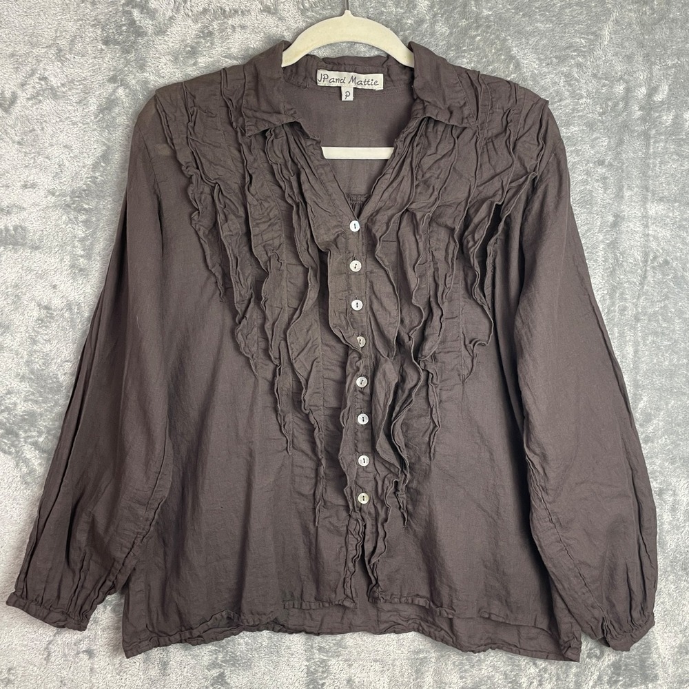 JP and Mattie Alexie Ruffle Top Size P US XS Brown Cotton LS Boho Beach Romantic